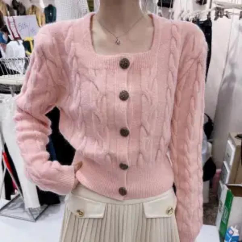 Short Sweater Cardigan Female Spring New Vintage Style Square Neck Single Breasted Knitted Cardigan Sweater Coat