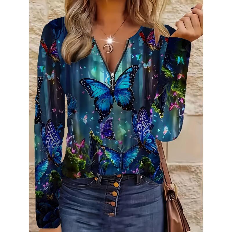 Women's Elegant Butterfly Print Round Neck Long Sleeve Top - Vibrant Digital Art Design