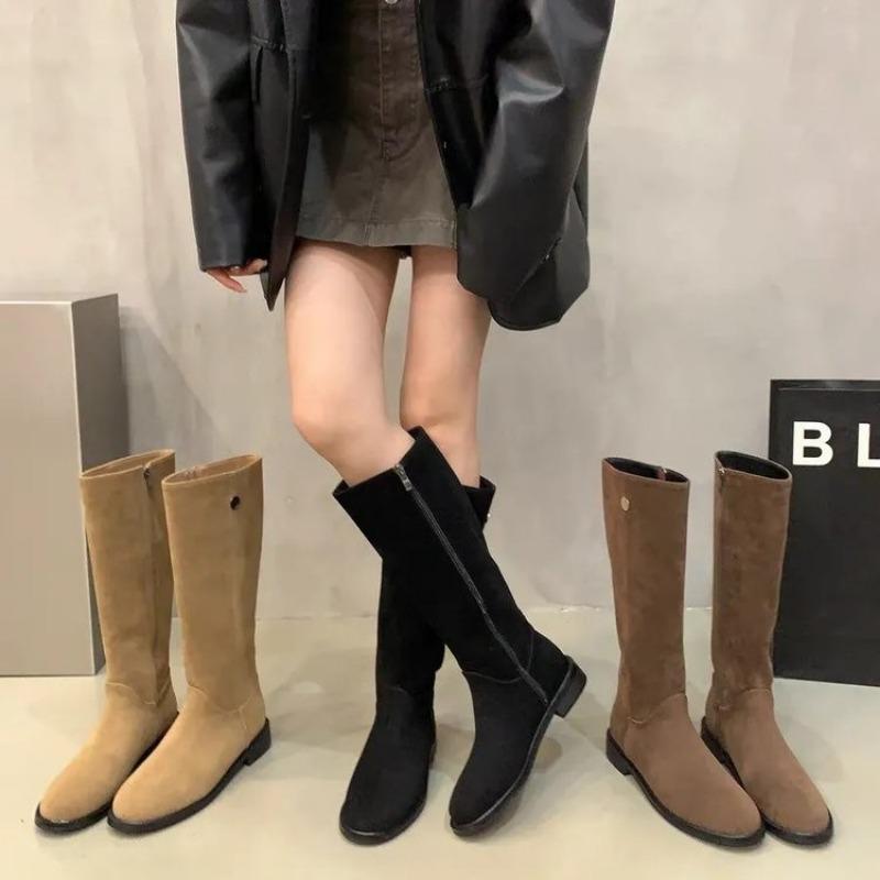 Fashion AJGS Winter Casual Women's Mid-calf Boots Slip-On Square Heel Shoes Large Size Low Heel Side Zipper Knee-High Women's Boots