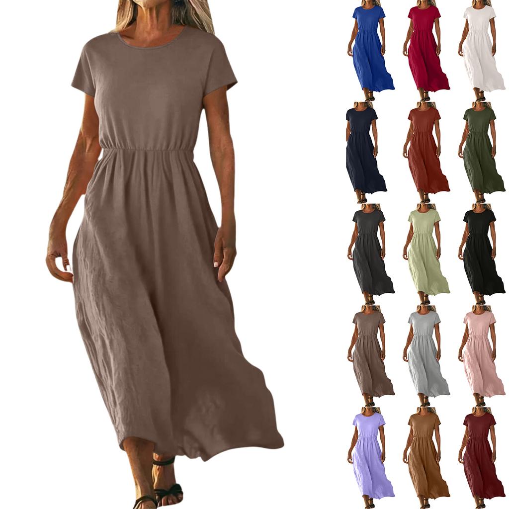 O-Neck Dress For Women Casual Comfy Cotton Linen Short Sleeve Tunic Beach Dresses With Pockets