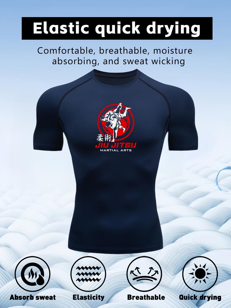 Men's Black Jiu Jitsu Print Compression T-Shirt, Quick Dry Breathable Athletic Workout Top