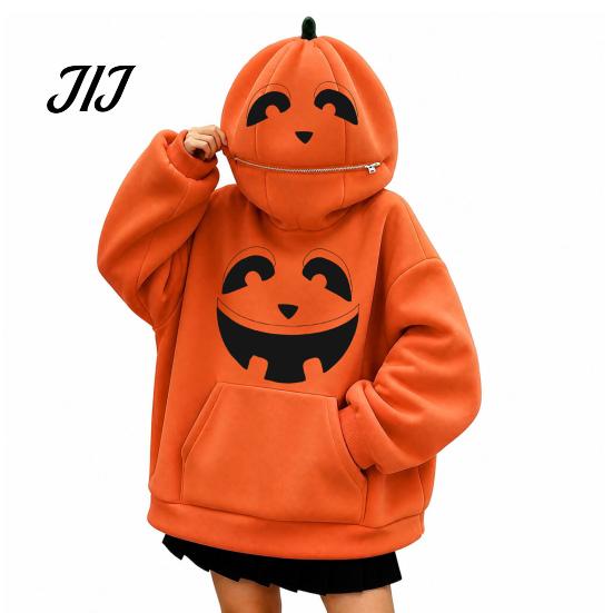 Cosplay Hooded Shirt Women Oversized Halloween Pumpkin Hoodie, Fall Long Sleeve Hoodie Sweatshirt with Pocket, Jack-O-Lantern Holiday Costume Pullover
