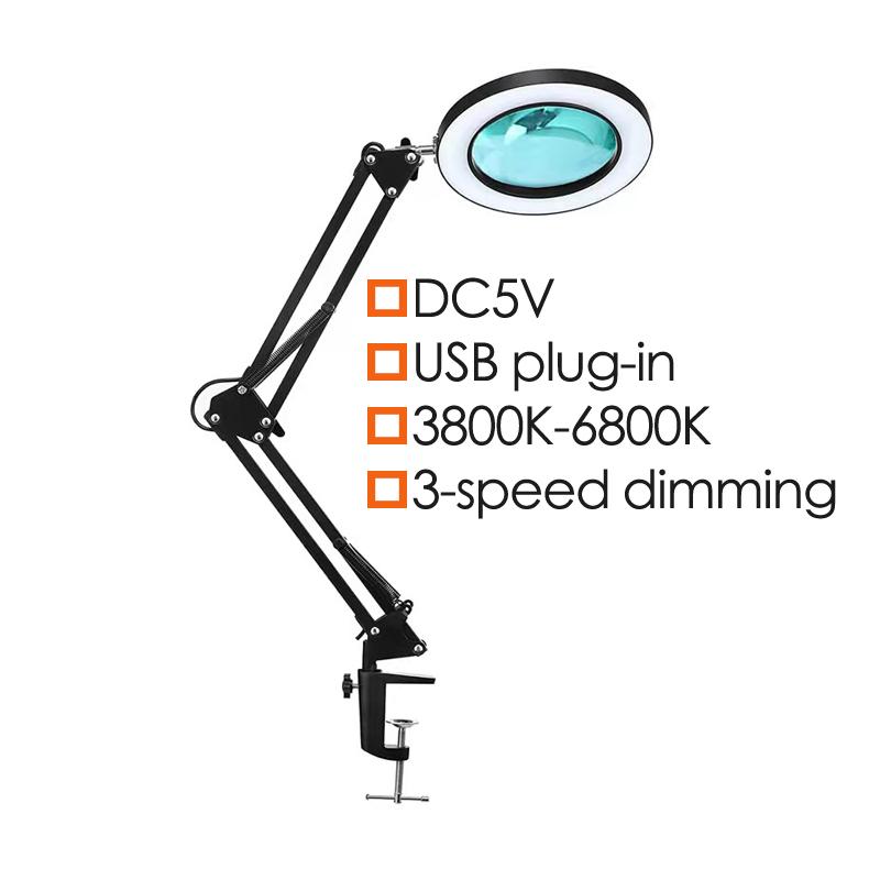 

Adjustable Height Magnifying Glass Desk Lamp with Folding Ring USB Study Stand for Office Manicure Reading Book Clamp Light USB Plug-Black Shell&6-10W&3800K-6800K
