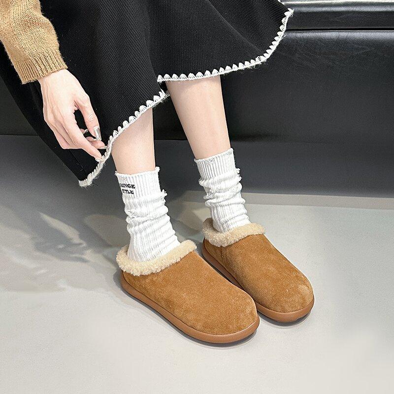 Small potato fluffy slippers women's winter new one-pedal leather thick-soled plush thermal cotton shoes