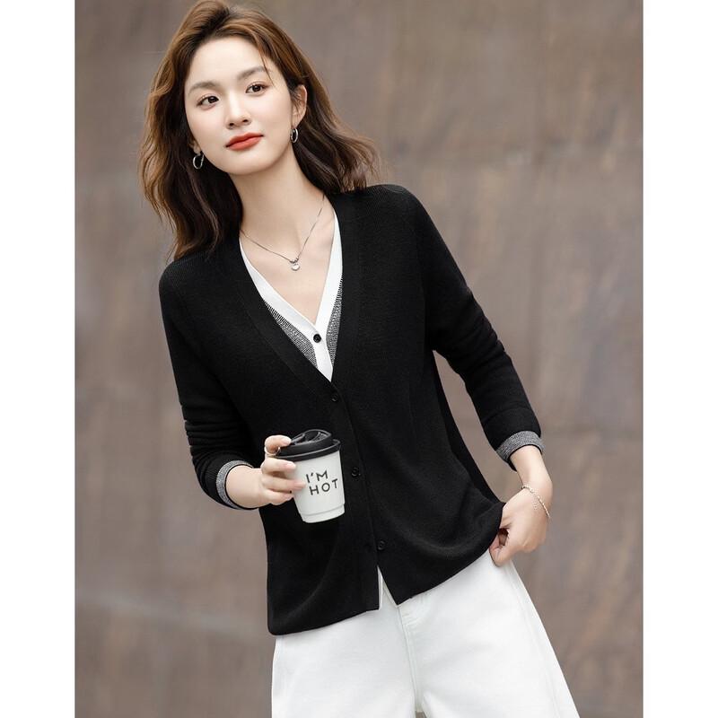 Women's Merino Wool Silk Blend Faux Two-Piece Knit Cardigan