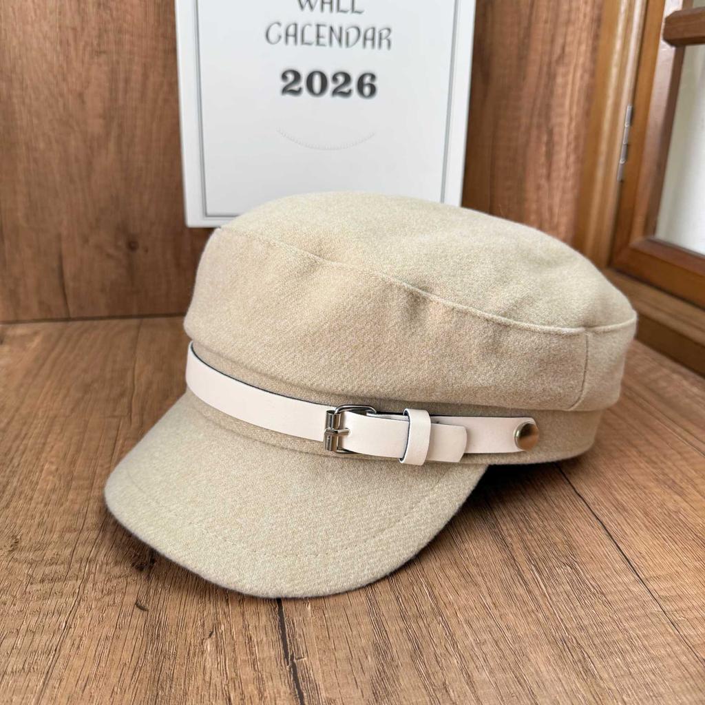 Autumn and winter woolen navy hat women's retro belt buckle cap temperament octagonal hat modified face shape atmosphere hat