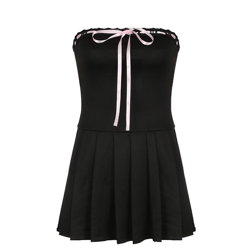 

Женское платье французского дизайна, контрастного цвета с бантом, без бретелек, с воротником-стойкой, утягивающим талию, с плиссированной юбкой M чёрный