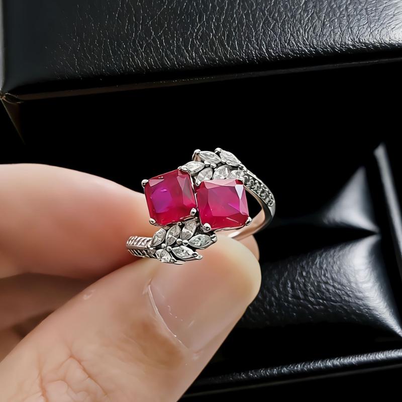 Bright Green Emerald Cz Set Ring - Leaf-Shaped Design With Square-Cut Gemstones - Women S Fashionable Party Jewelry Rings Women