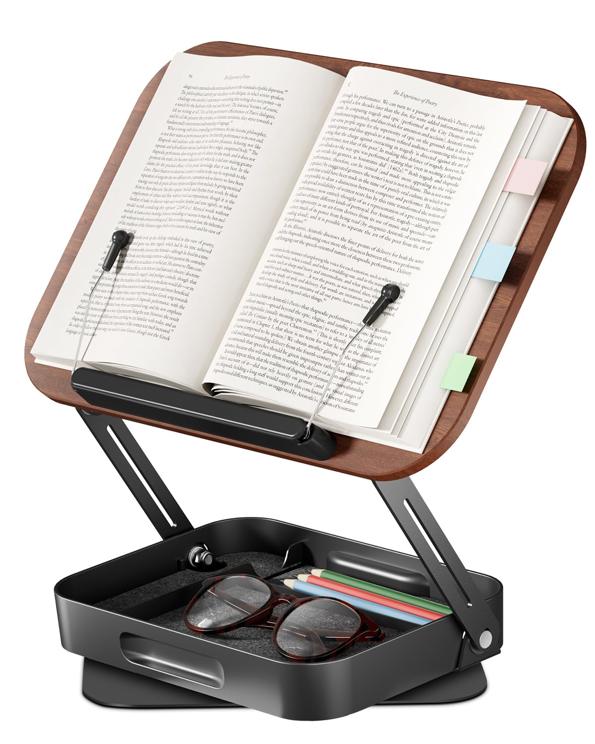

viozon Настольная подставка для чтения нот с бесступенчатой регулировкой высоты, металлическая, включает отделение для хранения мелочей, деревянная, идеально подходит для канцтоваров и книг, подставка, подставка, 360-градусная