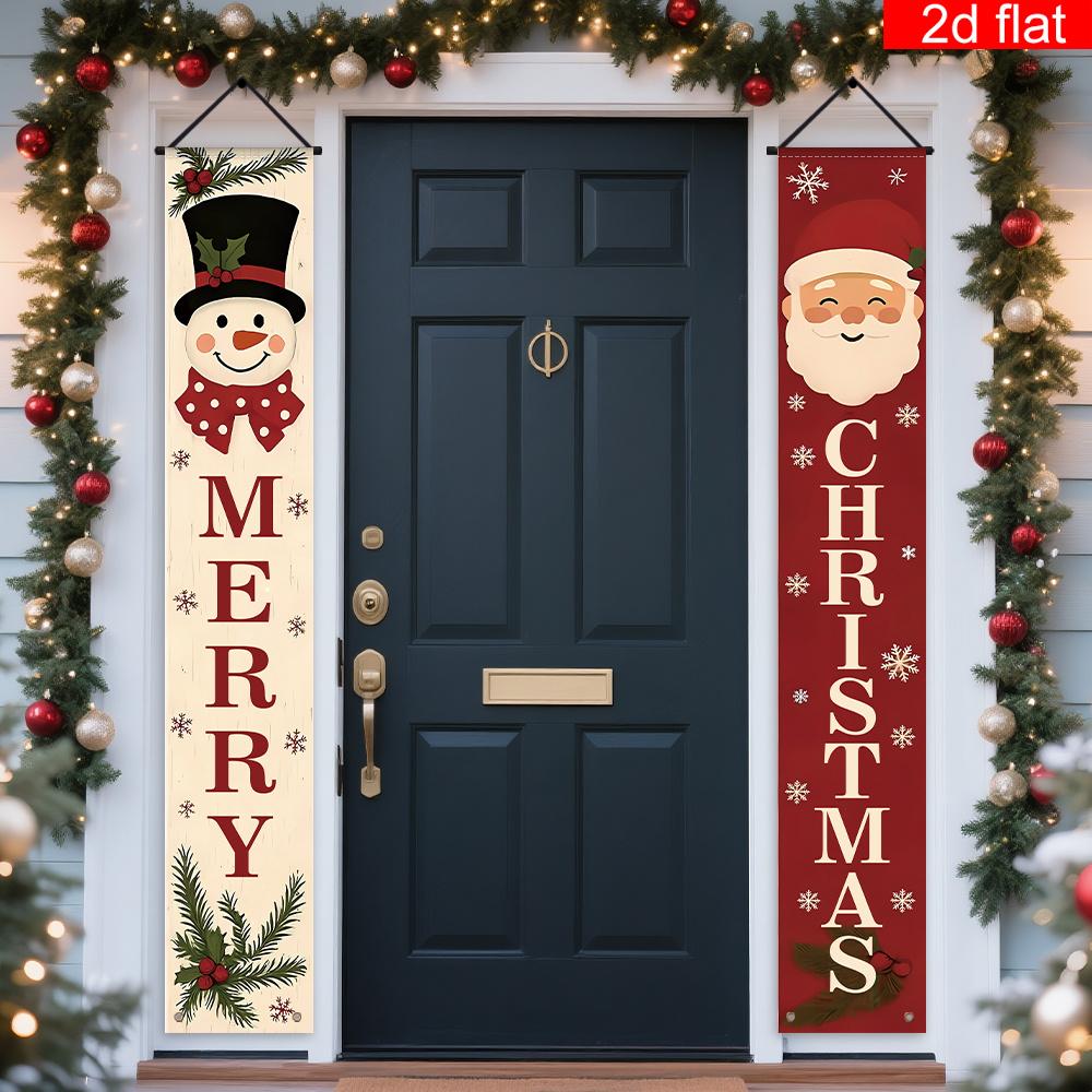 Merry Christmas Porch Sign Santa Claus Snowman Family 1 Pair Polyester Indoor Outdoor Decor