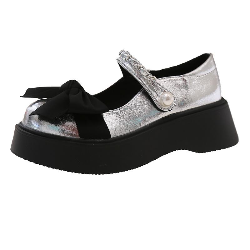 

French light mouth single shoes black small leather shoes women s summer small fragrant wind 2025 new Mary Jane shoes platform loafers 40 серебряный