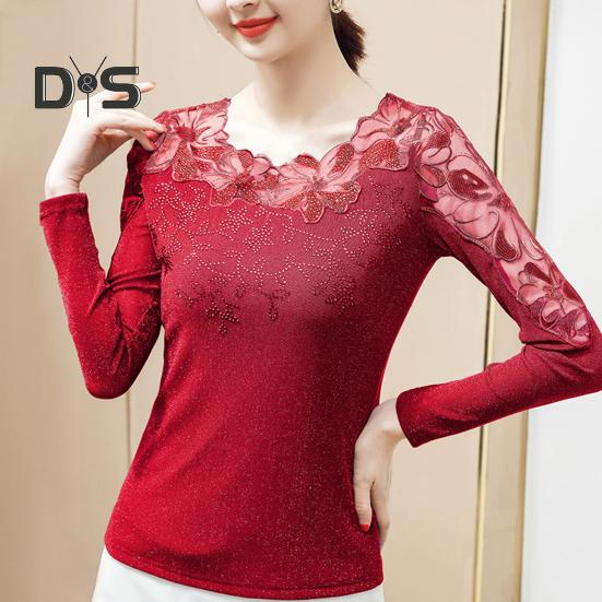 Dameoverdeler Rundhals Langermet Mesh Blonder Broderi Pullover Topper Ensfarget Slim Fit Bluse Daglig slitasje