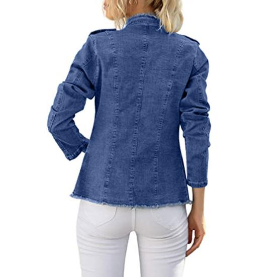Giacca di Jeans da Donna Manica Lunga Orlo Sfilacciato Giacca di Jeans Elasticizzata Slim-Fit Abbottonata Cappotto di Jeans Corto