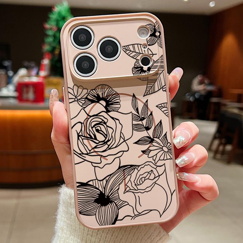 Case For iPhone 17 Pro Max Line Rose Flowers Leaves Pattern Magnetic For Magsafe Hybrid Slim Matte Cover For iPhone 16 15 14 13 Pro Max