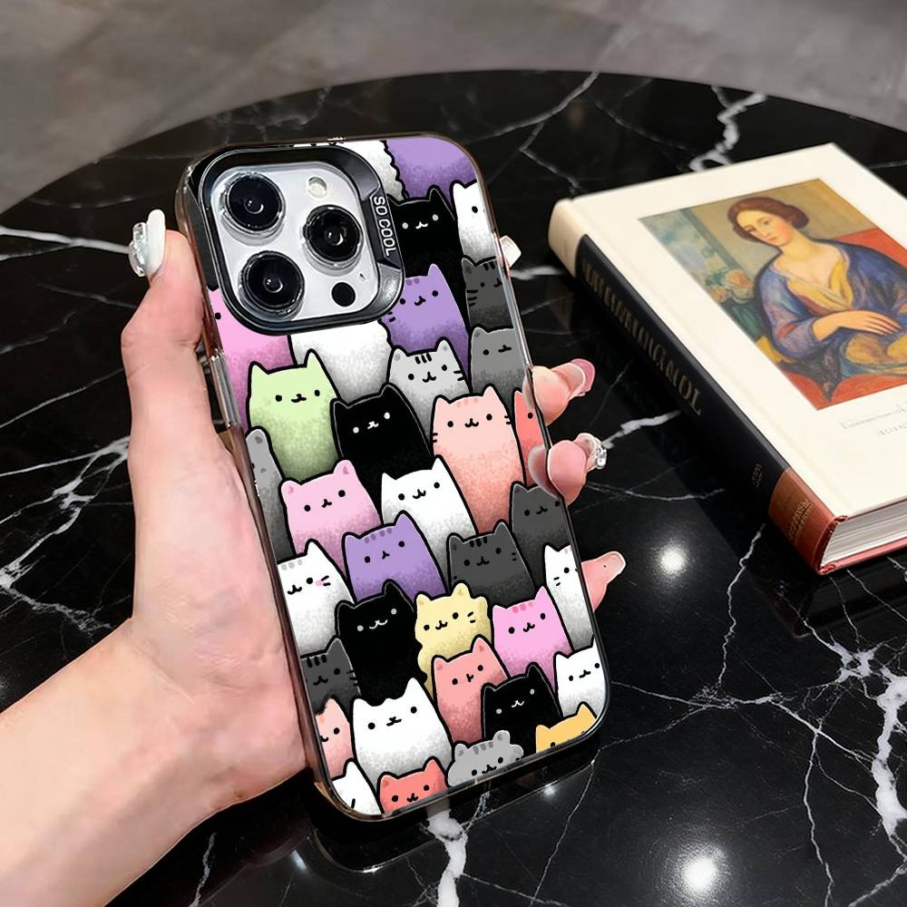 

Cartoon Cute Cats Phone Case For iPhone 17,16,15,14,13,12,11 Plus,Pro Max,XS,Colorful Silver Phone case Funda Cover iPhone14