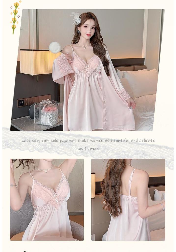 Damen Eisseide Camisole Nachthemd mit Brustpolstern – Sommer Pyjama im französischen Stil