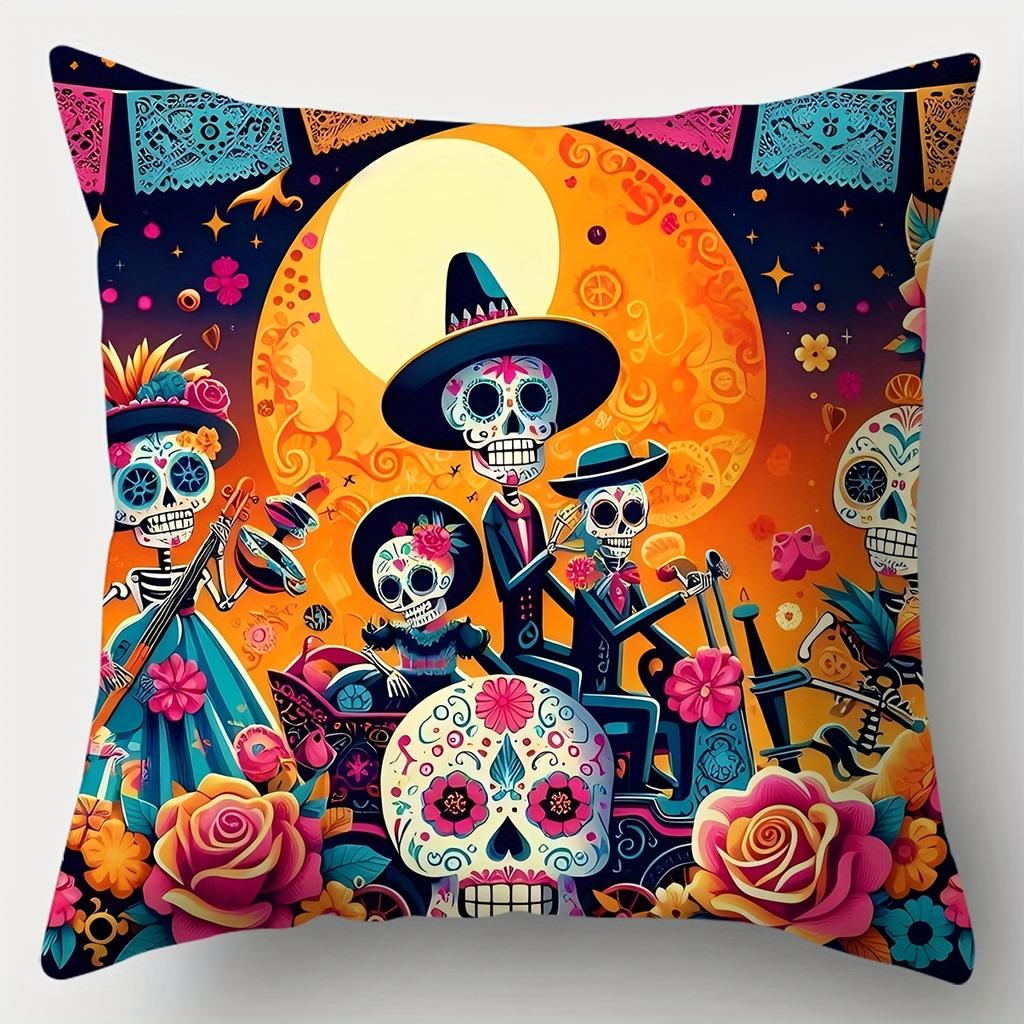 Mexican Holiday Pillow Covers with Skull Pattern Mexican Day of the Dead Pillowcase OneSided Print Zipper ClosurePolyester