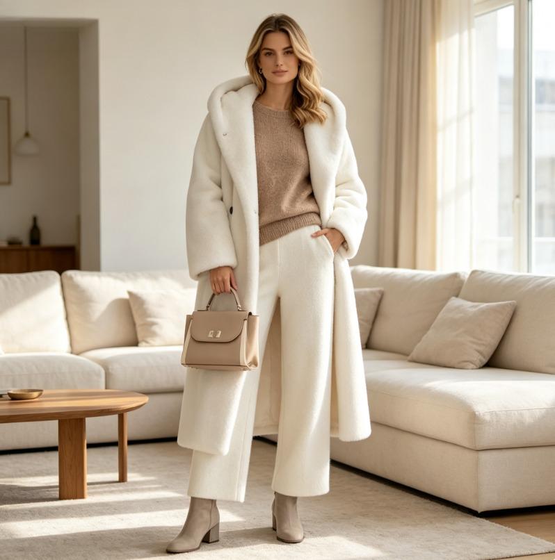 TrendHub Faux Fur Long Coats Solid Lace Up Jackets Hooded Long Sleeves Single Breasted Straight Elegant Casual Autumn Winter