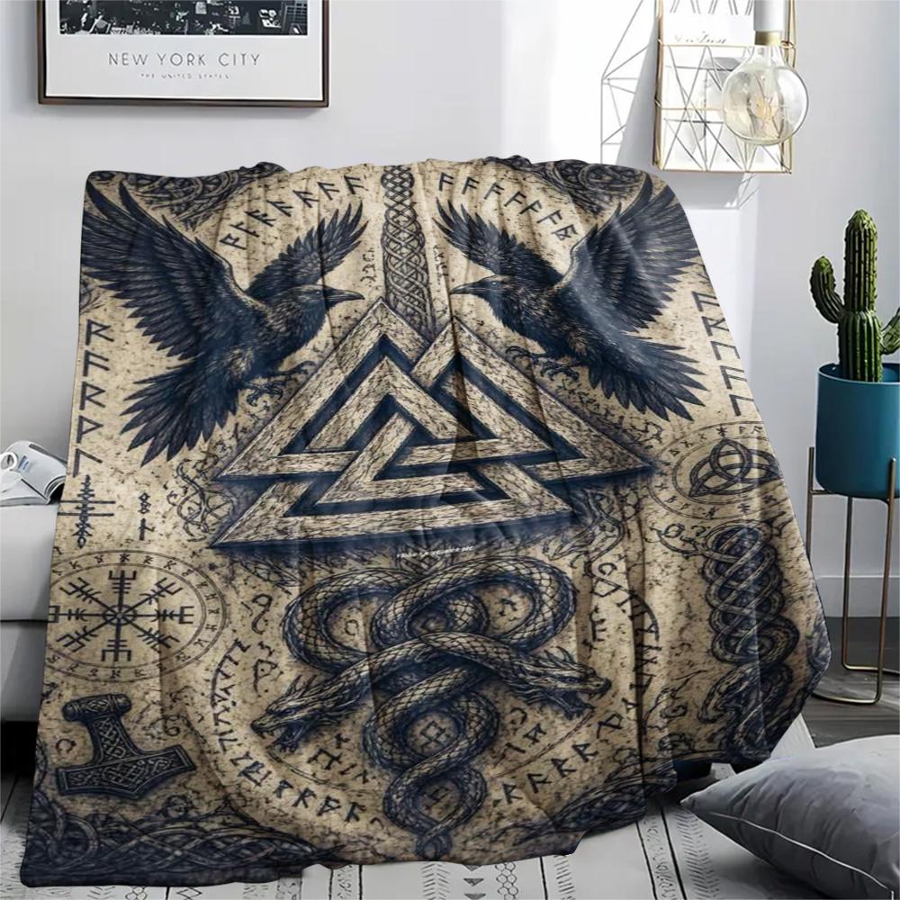 Nordische Rune Rabe Schlange Vintage Druck Flanell Überwurfdecke, Weiche Warme Sofa Bettdecke, Mythologie Heimdeko Decke