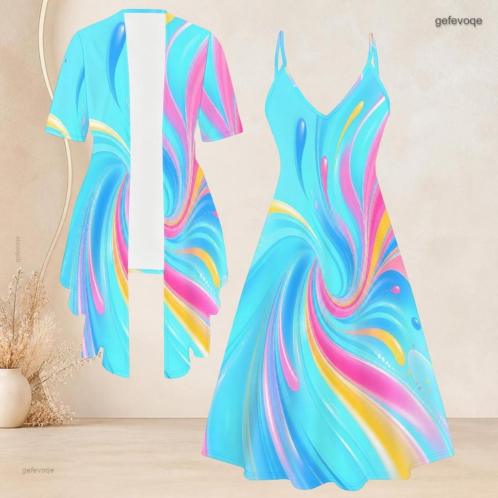 Women Plus Size Colorful Printed Two Piece Set V Neck Strappy Flared Dress Short Sleeve Open Front Cardigan