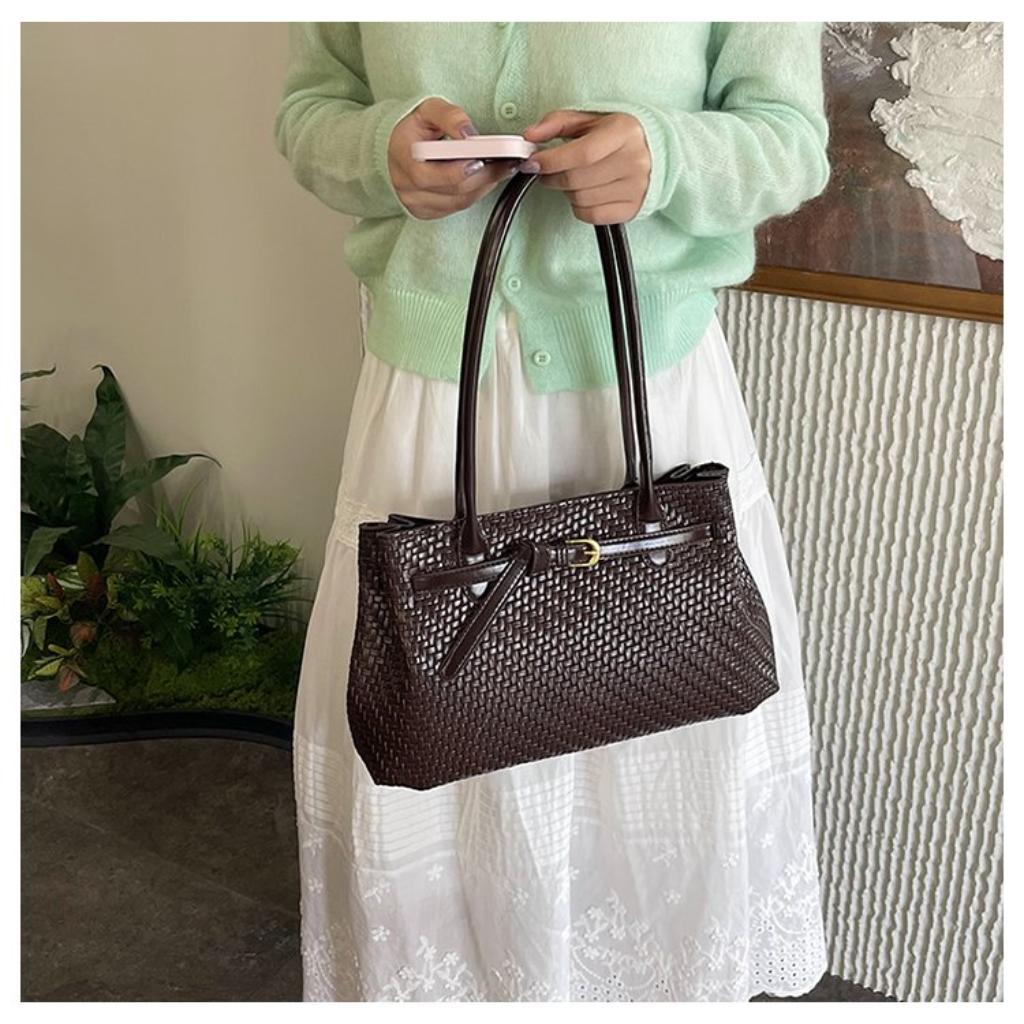 Xeie Thuk Tote Bag Women PU Woven Texture Handheld Shoulder Daily Commute