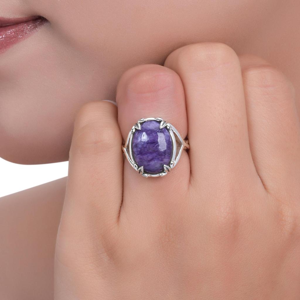 Natural Charoite Ring In 925 Sterling Silver - Statement Purple Gemstone with Elegant Leaf Design - Nature Inspired Jewelry Gift