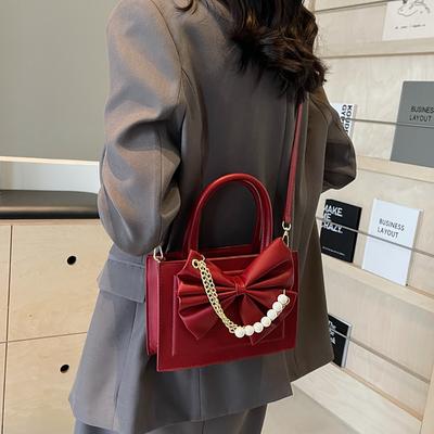 Design Sense Bow Chain Tote Bag Women  New Fashion Pearl Wedding Bag Popular Wine Red Crossbody Bag Casual Small Square Bag