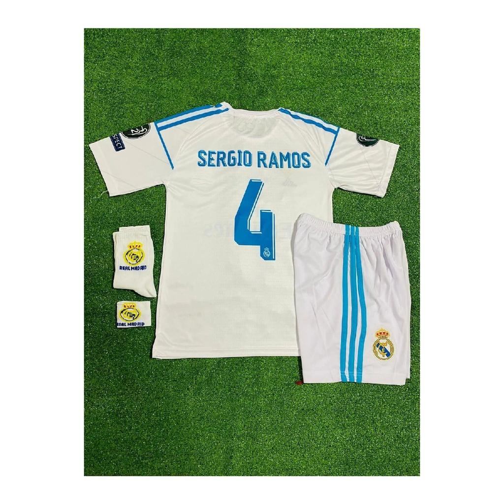 Set de 4 tricouri de fotbal pentru copii Sergio Ramos 2017-2018 Liga Campionilor alb
