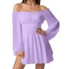 Women's Fashion Off-Shoulder Tie-Detail Pleated Long-Sleeve Fitted -Color Short Dress