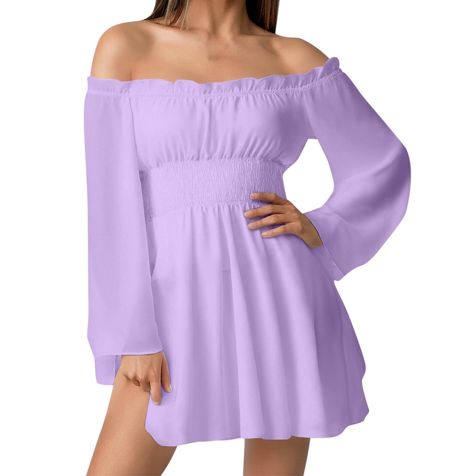 Women s Fashion Off-Shoulder Tie-Detail Pleated Long-Sleeve Fitted -Color Short Dress XXL