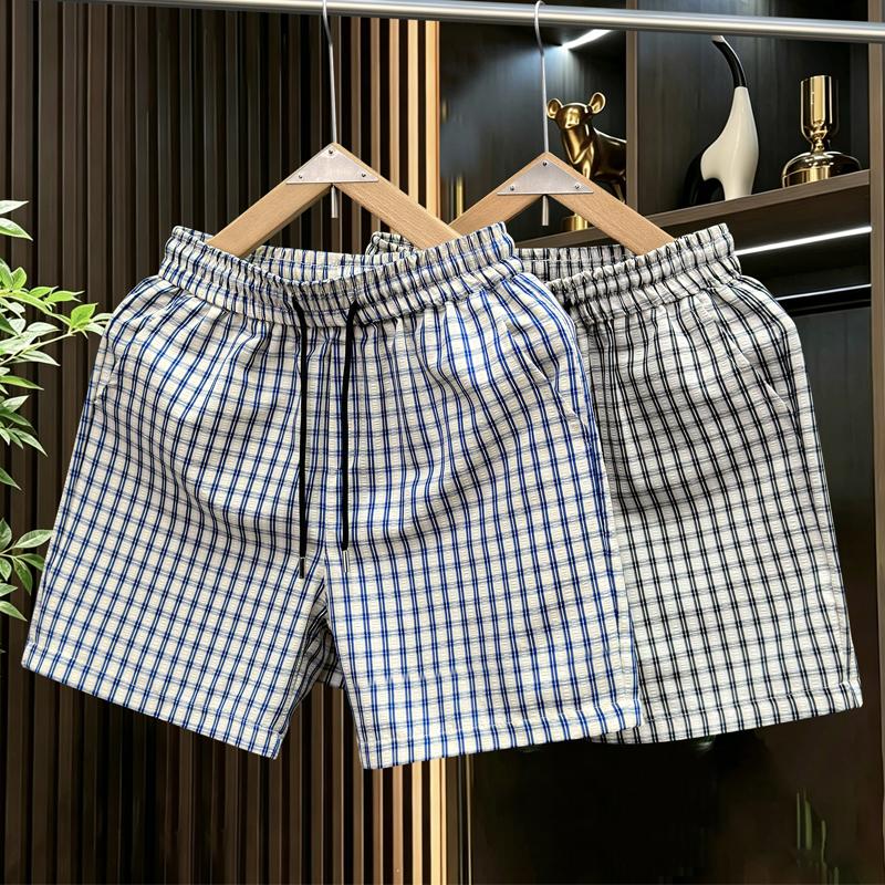 Men's Plaid Casual Shorts, Elastic Waist Drawstring Summer Lightweight Beach Shorts (M-5XL)