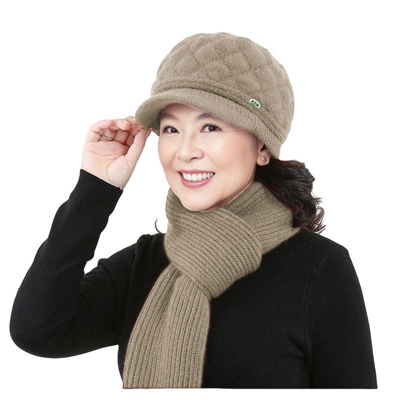 Elegant Winter Woolen Hat & Scarf Set for Women: Warm, Thick Knit with Ear Protection, Perfect for Middle-Aged & Elderly Ladies.