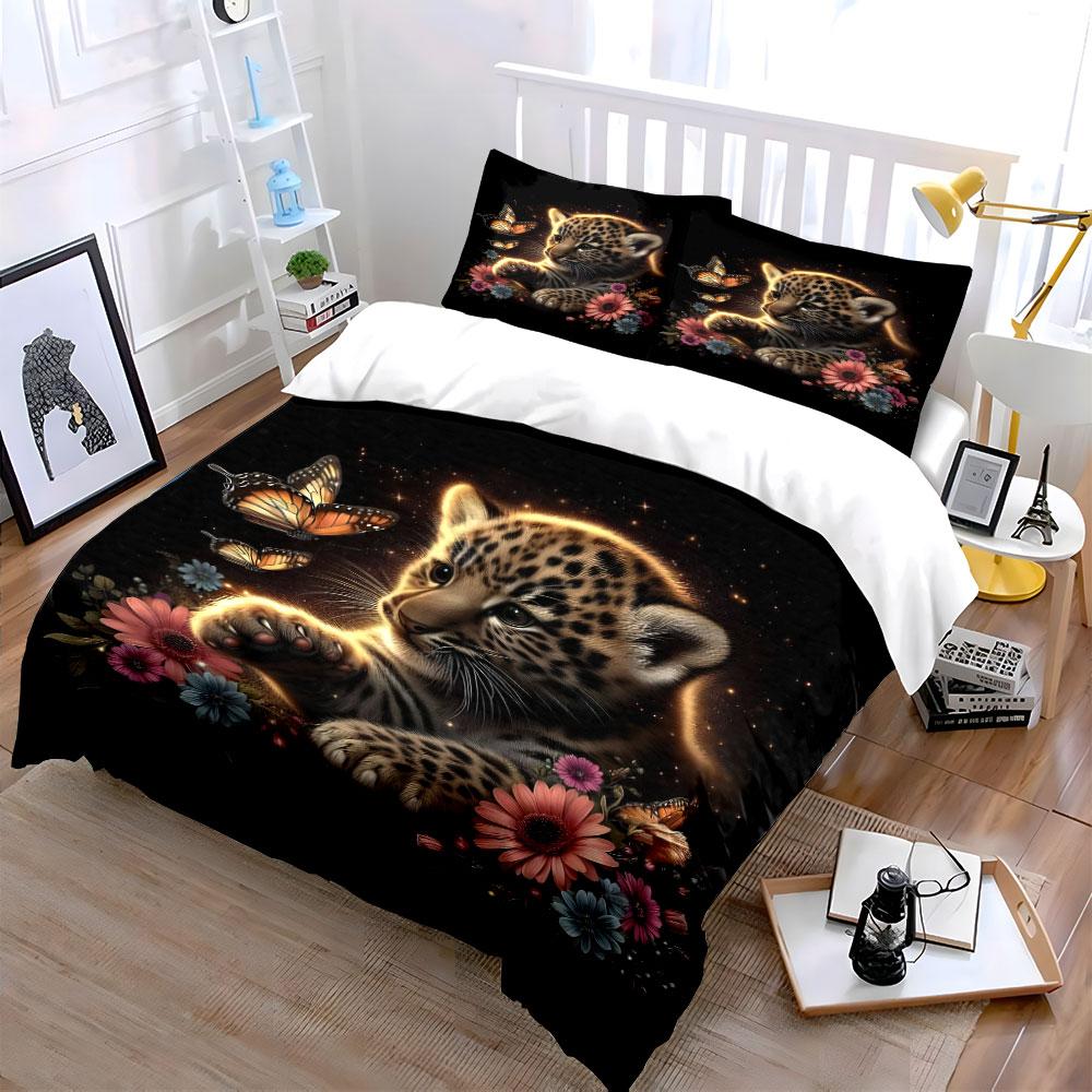 Leopard Cub with Butterflies Bedding Duvet Cover Set (1*Duvet Cover 2*Pillowcases, without duvet insert)