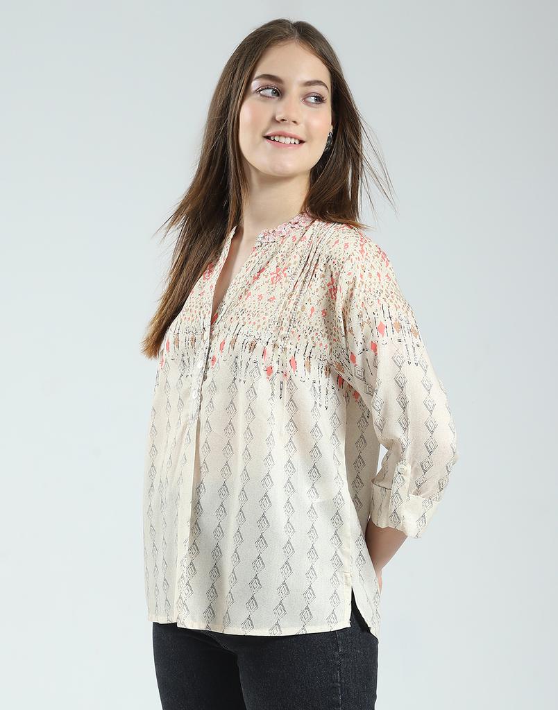 MONTE CARLO Womens Printed Band Neck 3/4 Sleeve Regular Fit Top