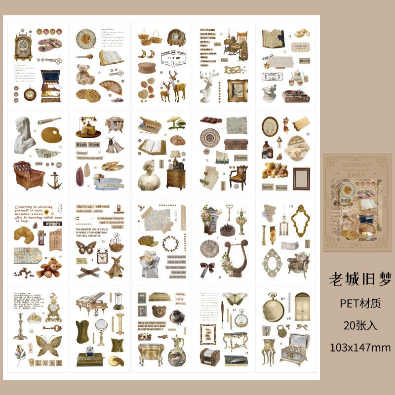 20-Piece Nostalgic Retro Object Label Sticker Book, Retro Camera/Record/Typewriter Designs, Durable Material for DIY Craft