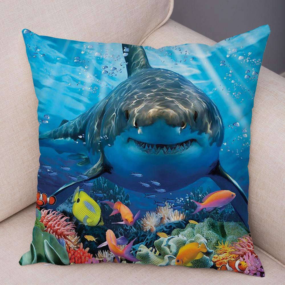 Marine Turtle Dolphins Shark Cushion Cover Short Plush Decor Colorful Ocean Animal Pillowcase Pillow Case for Sofa Home Car