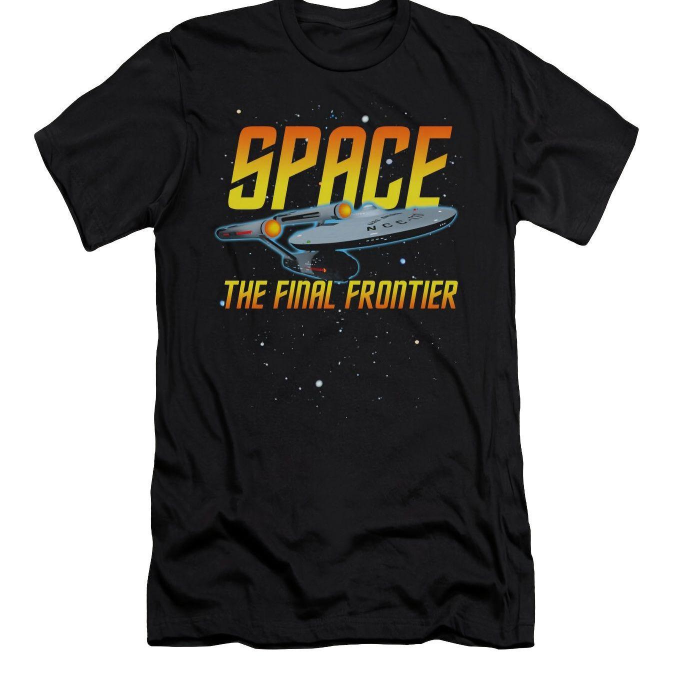 Bold spacethemed graphic design Tshirt with starship and the text THE FINAL FRONTIER Casual crew neck Tshirt S
