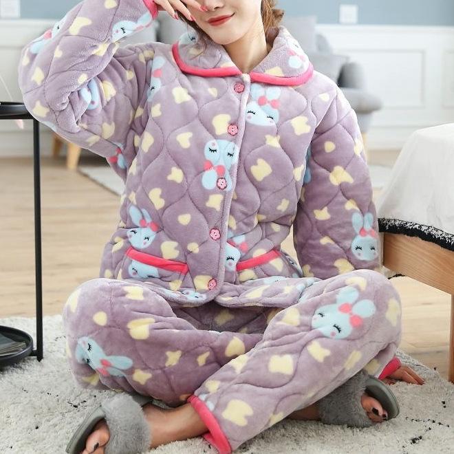Süße warme wattierte Baumwolle kann draußen getragen werden dreilagiger Pyjama Damen Winter Loungewear verdickt saisonal große Größe