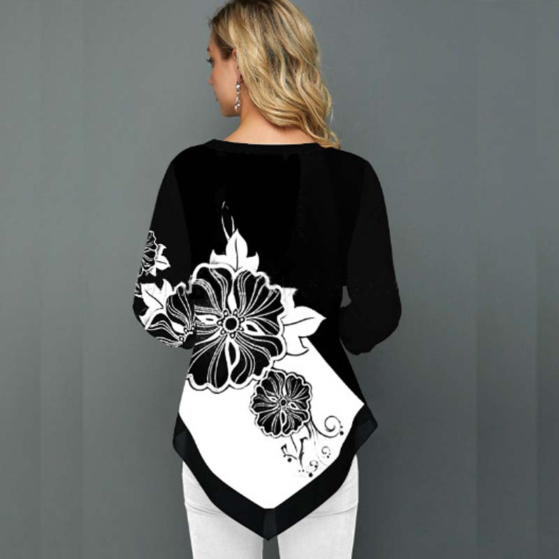 Women Fashion Long Sleeve Top Summer Fall 3D Digital Print V Neck Irregular Loose T Shirt