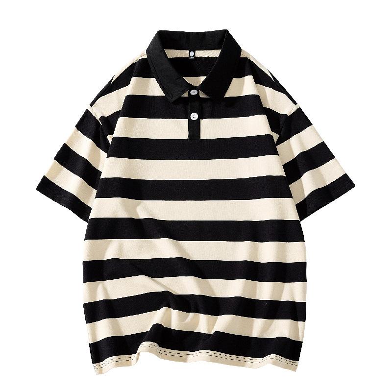 Men and Women Summer Loose Solid Color Couple Hong Kong Style Double Pearl Cotton Short Sleeved T-shirt Polo Collar Shirt