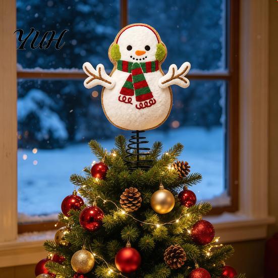 Vivid Felt Tree Ornament Wool Christmas Topper, Cute Snowman/Santa Claus Treetop with Topper Spring Base, Holiday Xmas Decoration for Home Party Decor