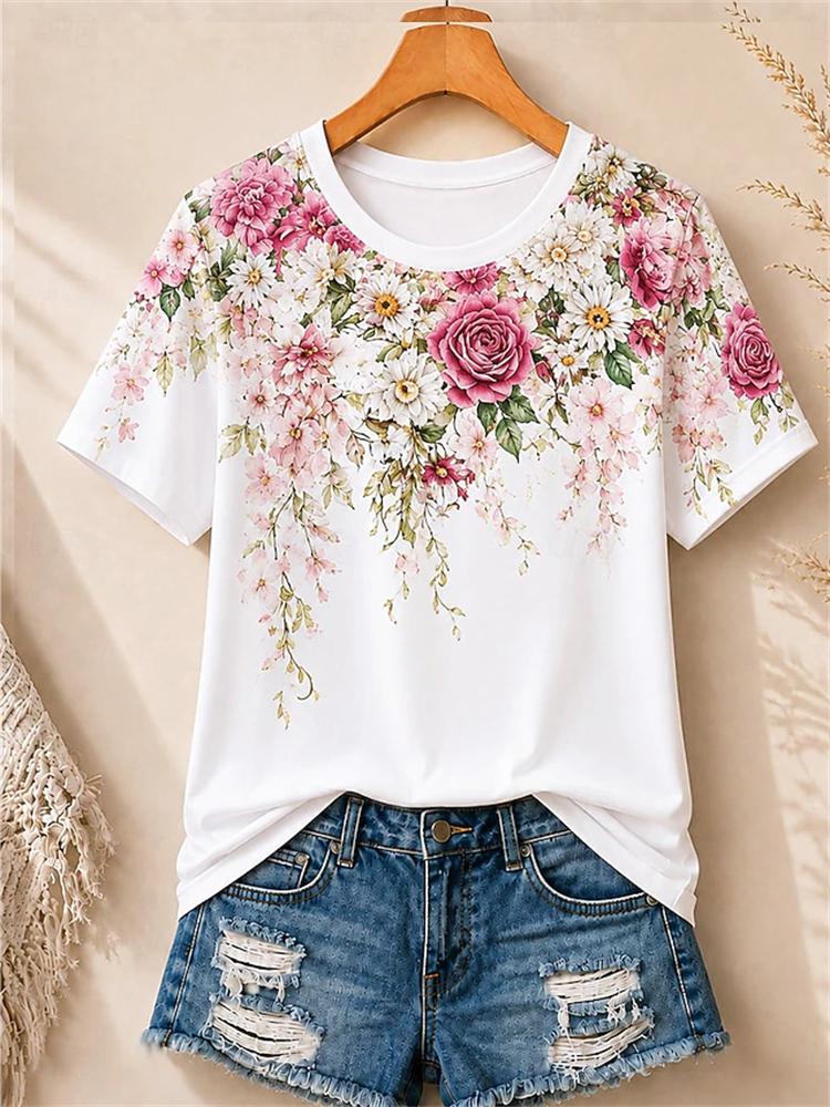Women's Simple and Versatile Casual Short-Sleeve Floral Print Round-Neck Elegant T-Shirt Stylish Loose-Fitting Women's Top