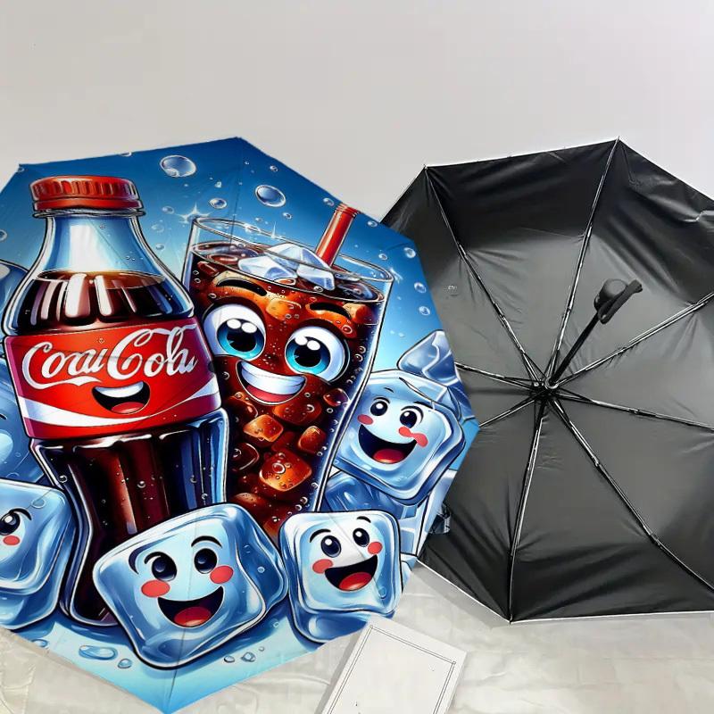 1 Stück Coca-Cola Eiswürfel Automatischer Öffnungs-/Schließschirm mit Winddichtigkeit, stabiles 8-Rippen-Dach, langlebige Rippen, modisches Design, Outdoor-Accessoire, lustiger Pr