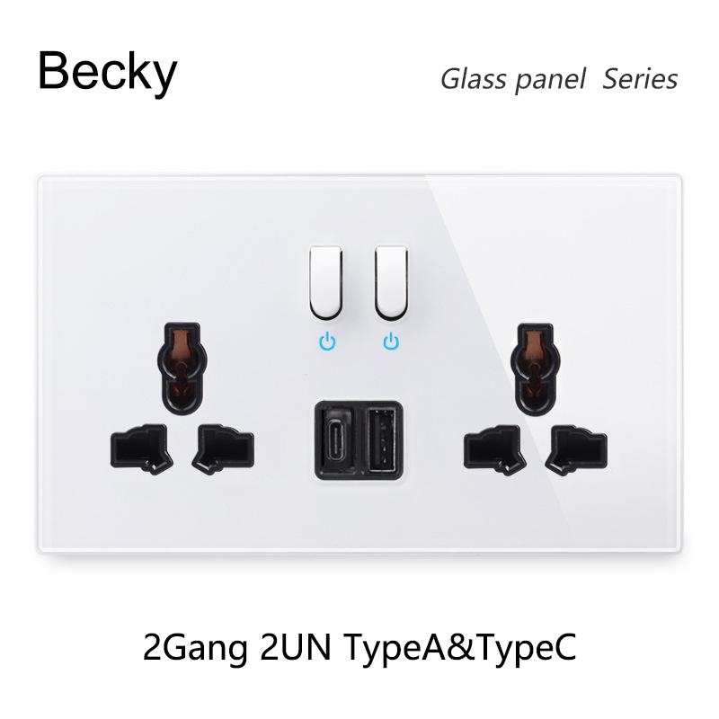 146 Piano Key Reset Switch Tempered Glass Panel 2Gang UN Multifunctional 3-hole Combination Office Hotel Home Villa Decoration