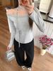 Lace Edge Slanted Shoulder Off-the-shoulder Long-sleeved T-shirt Women's Early Autumn New Pleated Waist and Thin Spice Girl Temperament Top