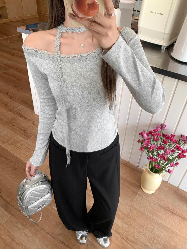 Lace Edge Slanted Shoulder Off-the-shoulder Long-sleeved T-shirt Women's Early Autumn New Pleated Waist and Thin Spice Girl Temperament Top