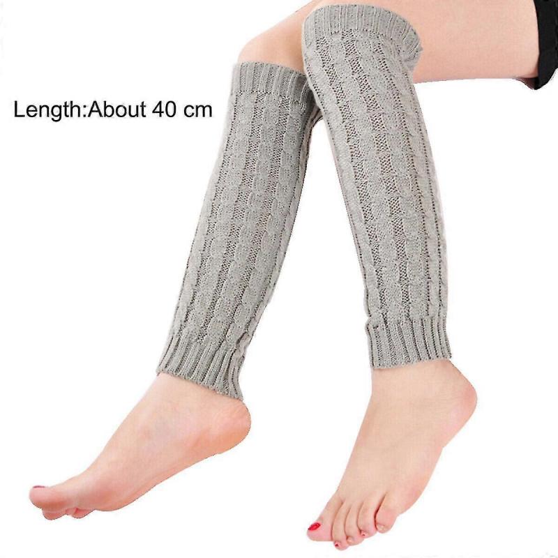 Women Ladies Winter Warm Long Leg Warmers Cable Knit Knitted Crochet Long Socks(Light Grey)