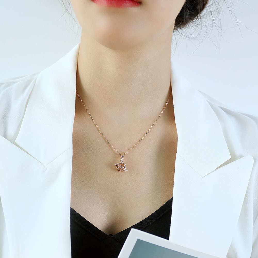 Pink Gold 18K Vivienne Westwood Planet Zirconia Round Clavicle Stainless Birthday Gift for Accessory [Rockyu] Women's Necklace, Necklace, Design,