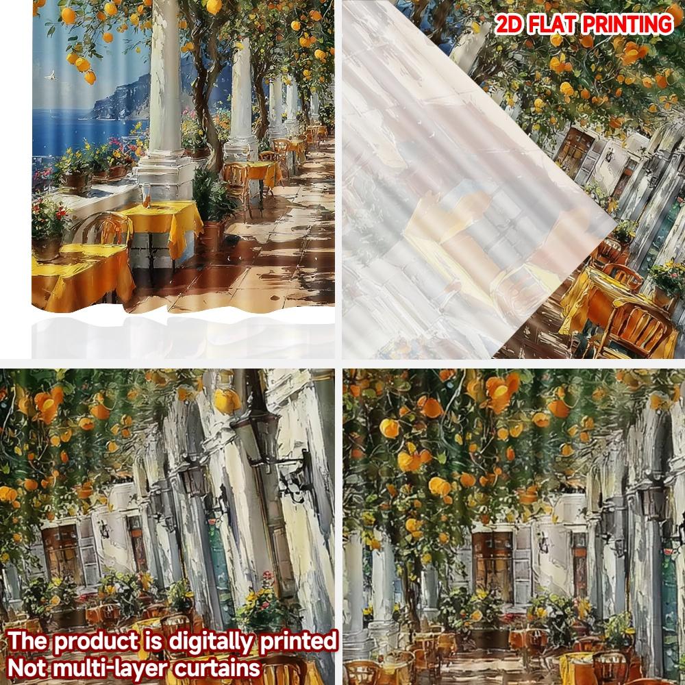 Mediterranean Courtyard Curtains Digital Printing White Columns Orange Trees Blue Sea View Coastal Living Room Decor Set Of 2 Made Polyester