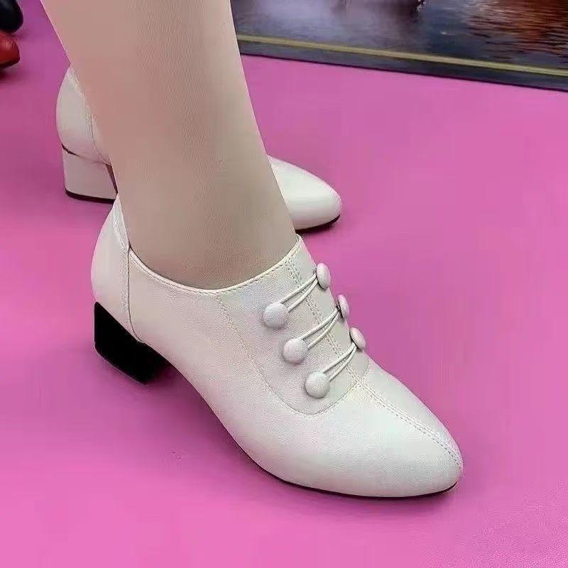 

Универсальные туфли на толстом каблуке с мягкой подошвой, женские, осенние, новая модная женская обувь, на среднем каблуке, кожаные туфли, танцевальная обувь женская 40 белый